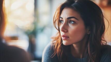 Obraz premium A woman looking away and avoiding eye contact in a conversation, with overlaying text about