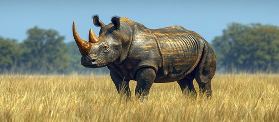 Fototapeta premium A large rhinoceros walks through a lush green forest in the golden light of dawn.