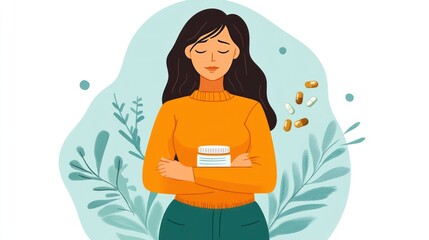 A woman in an orange sweater holds a container, surrounded by plants and pills, suggesting health.