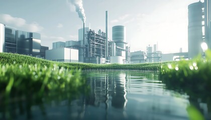 Obraz premium Industrial Landscape with Green Grass and Calm Water
