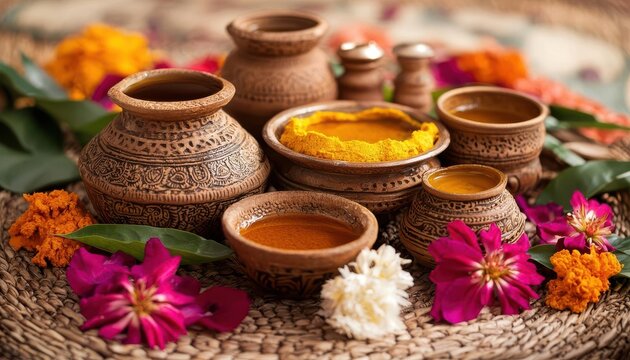 Abhyanga Snan preparation with herbal oils, turmeric paste, and flower petals arranged in a traditional Indian setting, symbolizing ritualistic cleansing and purification