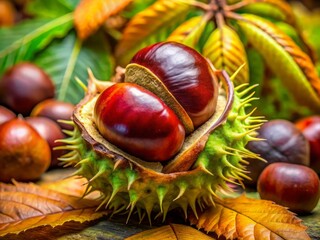 A detailed view of an Edelkastanie highlights its exquisite texture and inherent beauty, set against a vivid backdrop