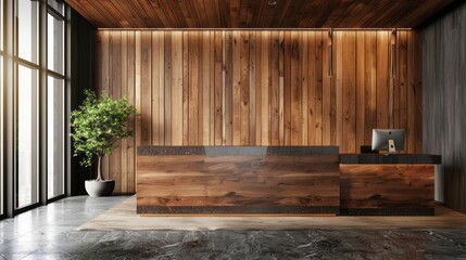 Office reception with wooden interior design AI generated image