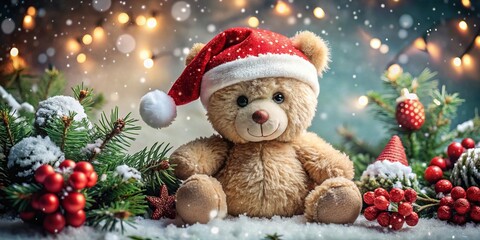 Adorable bear wearing a red hat, surrounded by cheerful decorations and sparkling snowflakes, spreading warmth and joy