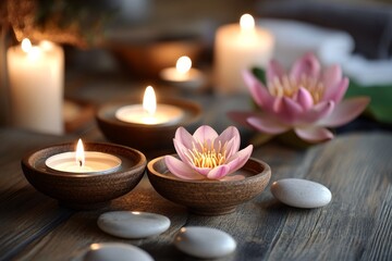 Wooden bowls with candles and pink flowers on wooden table, with white stones.