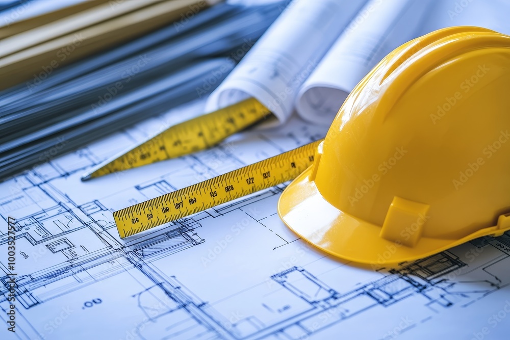 Poster construction blueprint with a yellow hard hat and measuring tape.