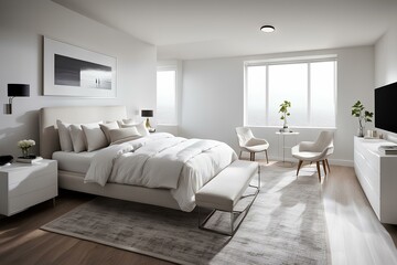interior of bedroom with bed, white-toned house