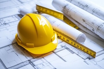 A yellow hard hat rests on blueprints, a tape measure, and rolled-up blueprints.
