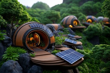Fototapeta premium A hyper-realistic eco-village nestled in a forest, where detailed textures of wood, solar panels, and trees blend into a harmonious scene of sustainability