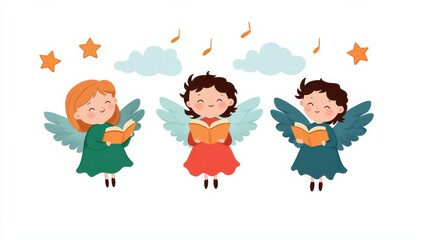 Fototapeta premium Angels singing Christmas carols in the sky, heavenly celebration, cute cartoon style, isolated on white background