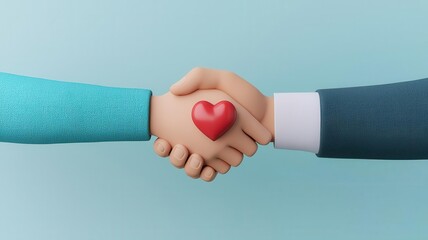 Customer focus icon, handshake with heart in center, 3D illustration