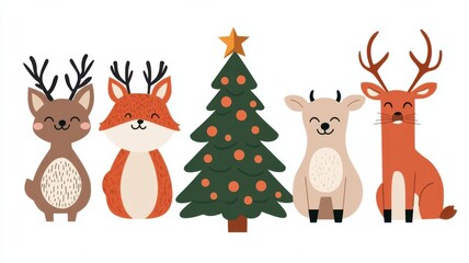 Fototapeta premium Group of woodland animals caroling around a Christmas tree, holiday cheer, cute cartoon style, isolated on white background