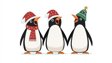 Obraz premium Penguins singing Christmas carols, cold winter scene, cute cartoon style, isolated on white background