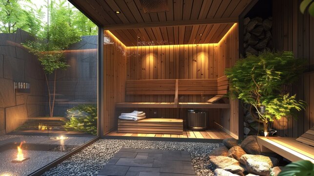 Modern warm wooden sauna interior with wooden walls and warm lighting AI generated image