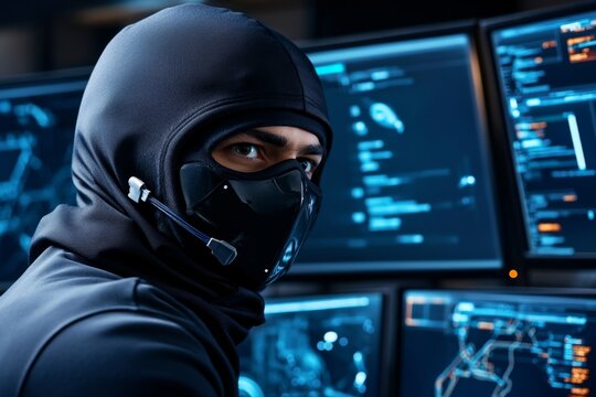 A masked figure looking at multiple monitors, with various network hacking tools and data streams displayed, symbolizing cyber intrusions