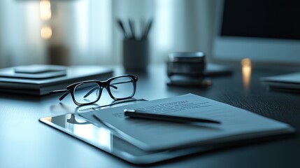 A workspace featuring documents, glasses, and a pen on a desk.