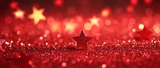 Festive red christmas glitter background with sparkling stars and glowing blurred texture for holiday celebrations