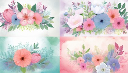 Set of backgrounds with watercolor flowers and place for text