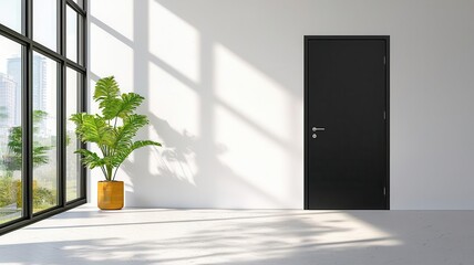 Modern black front door on a bright white house with large windows and minimalistic decor, emphasizing clean lines and contrast