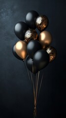 elegant black and gold balloons on dark