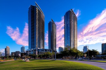 Obraz premium A sleek urban downtown at twilight, where city lights begin to glow, and the sky turns shades of pink and purple behind the skyscrapers