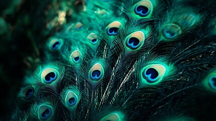A close-up shot of a peacock's feathers, showcasing the intricate details of the iridescent green and blue colors with an eye-like pattern.