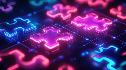 Vibrant neon puzzle pieces locking on a glowing screen, symbolizing successful API integration in a tech world