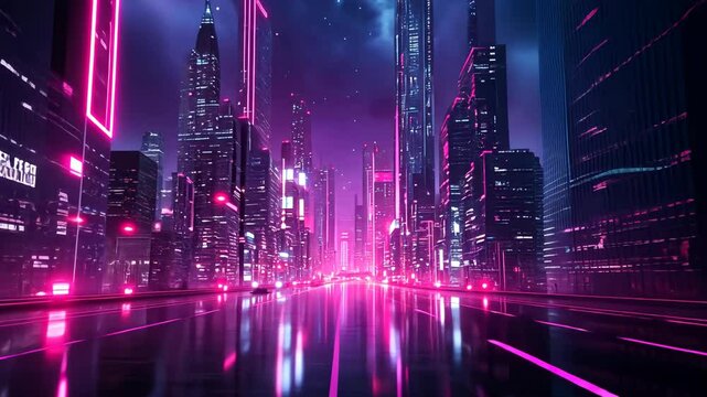 A futuristic city illuminated by neon lights at night