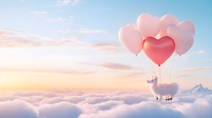 Fototapeta premium Cute sheep animal with heart shaped balloon on the sky with sunset.