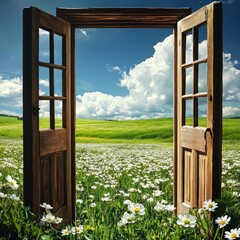 Wide-open doors set against a vibrant green field with blooming white flowers, representing new beginnings and hope.