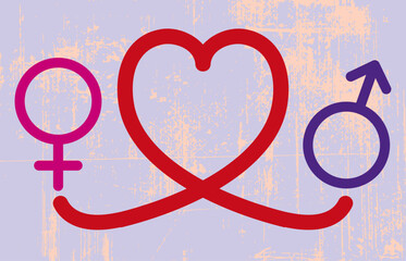 Symbolizing love and unity, Valentine’s day love and unity, intertwined male and female symbols connected by a heart shape.