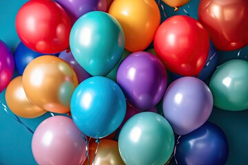 Colorful balloons against blue background. This image can be used for birthday celebrations, parties, or any other joyous occasion.