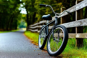 Fototapeta premium An old bicycle leaning against a fence in a rural town, symbolizing adventures, freedom, and memories of yesterdayâ€™s childhood