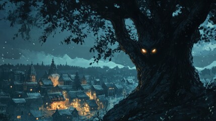 Fototapeta premium Black Annis hiding behind a tree, her glowing eyes watching over a small village as she
