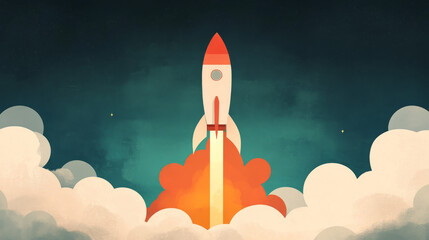 A red and white rocket blasts off into the night sky.