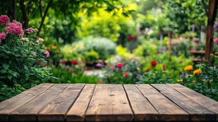 Fototapeta premium Wooden table placed in a vibrant garden, surrounded by greenery, ideal for outdoor parties and gatherings