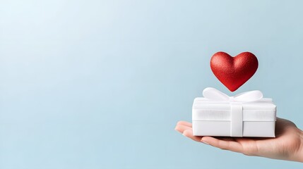 Hand holding a gift box with a red heart on a blue background