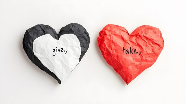 Two paper hearts with the words "Give" and "Take" placed on a plain white background, symbolizing balance, relationships, or charity.



