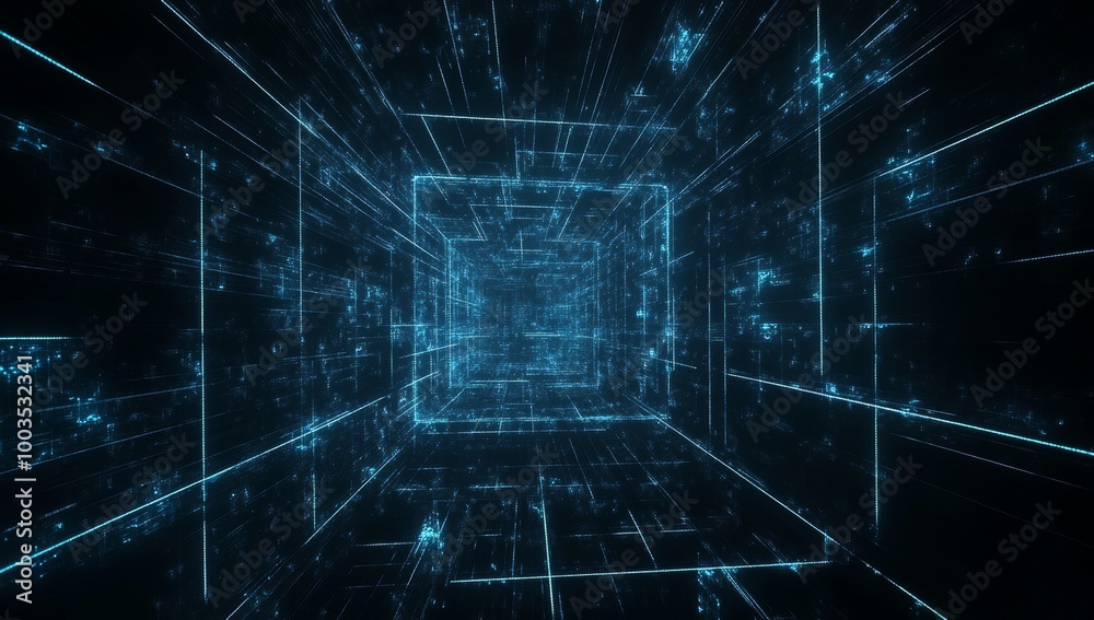 Aufkleber abstract glowing blue lines and squares forming a digital tunnel in a dark background.
