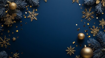 Festive navy blue christmas background with snowflakes and gold sequins for holiday designs