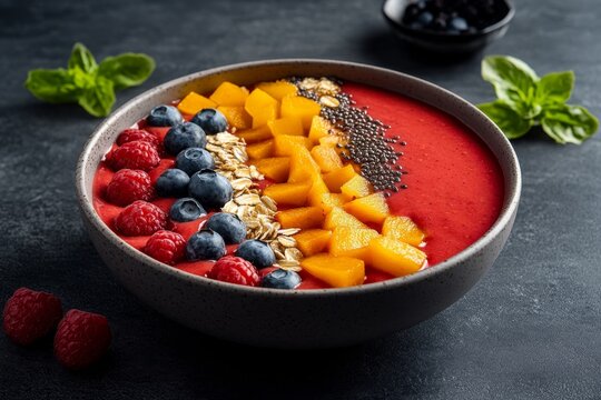 Minimalist smoothie bowl design for clean eating, using bold, geometric shapes to represent fruit and seeds in a simple, abstract style