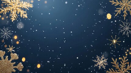 Festive navy blue christmas background with snowflakes and gold sequins for holiday designs
