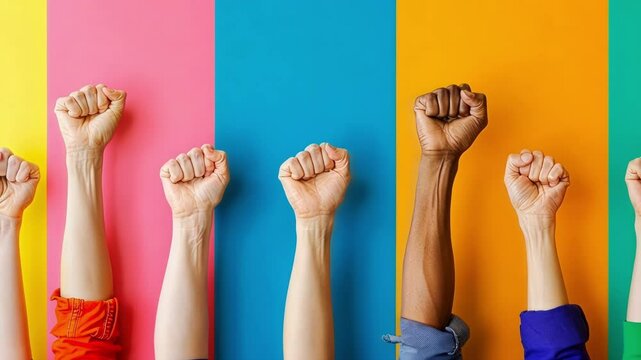 Group of people raising their fists in the air, symbolizing strength, determination, and the pursuit of justice and equality