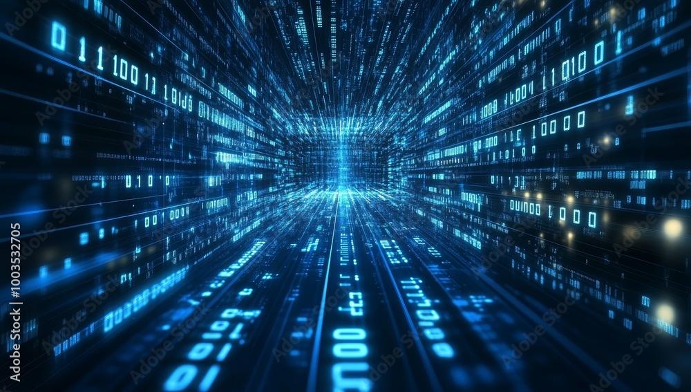 Poster Abstract digital binary code tunnel with glowing blue lines and numbers.