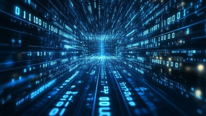 Abstract digital binary code tunnel with glowing blue lines and numbers.