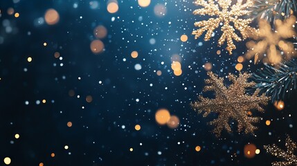 Festive navy blue christmas background with snowflakes and gold sequins for holiday designs