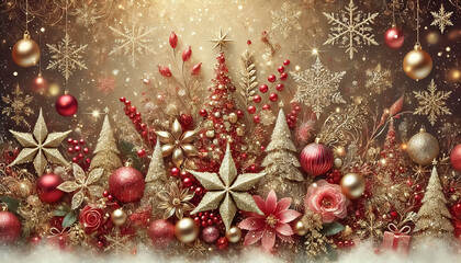 Christmas-themed image with a blend of red and gold elements, featuring abstract Christmas trees made of sparkling ornaments and stars