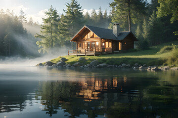 Fototapeta premium Serene Nature Escape:A peaceful, hyper-realistic scene of a cabin in the woods, surrounded by towering trees