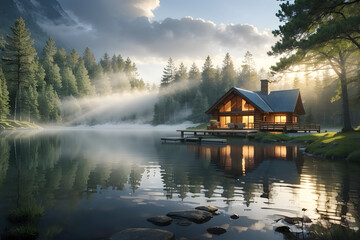 Fototapeta premium Serene Nature Escape:A peaceful, hyper-realistic scene of a cabin in the woods, surrounded by towering trees