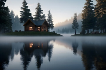 Fototapeta premium Serene Nature Escape:A peaceful, hyper-realistic scene of a cabin in the woods, surrounded by towering trees
